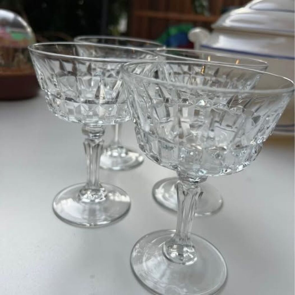 Vintage Diamond Cut Crystal Coupe Glasses - Set of 4